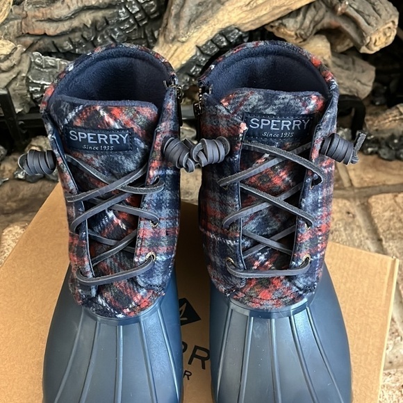 Brand New Sperry Saltwater Wool Plaid Duck Boot Waterproof Blue Winter Rain - Picture 9 of 15